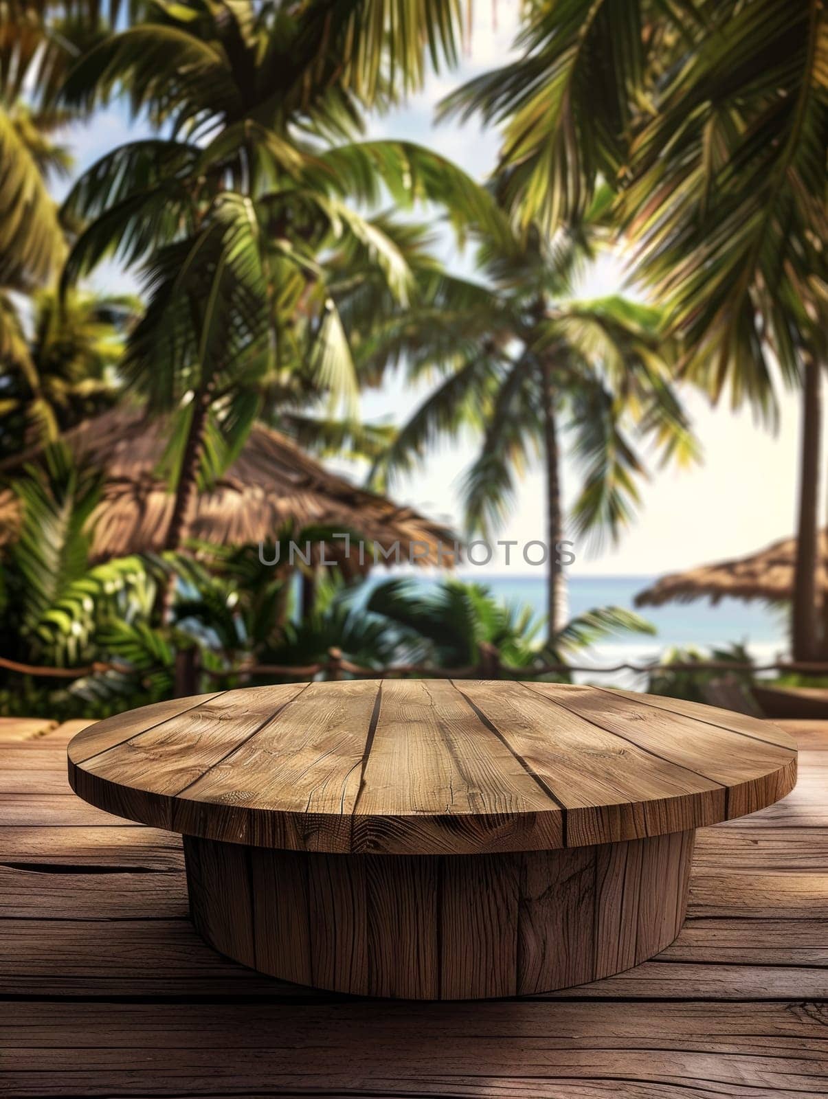 A rustic wooden podium sits on a wooden deck, surrounded by a lush tropical landscape of swaying palm trees and vibrant foliage, with a stunning ocean view in the distance