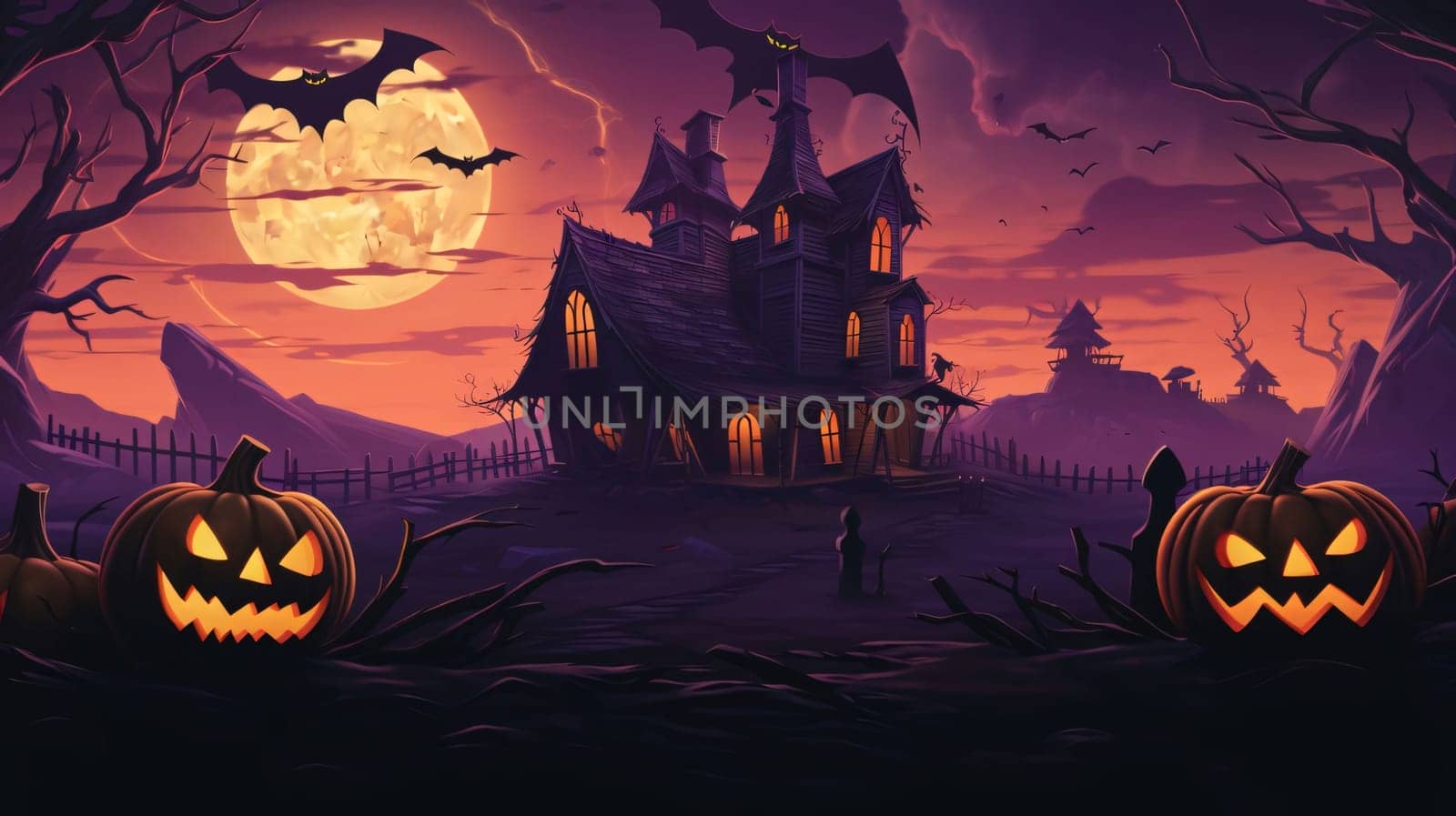 Banner: Halloween background with haunted house, pumpkins and bats. Vector illustration.