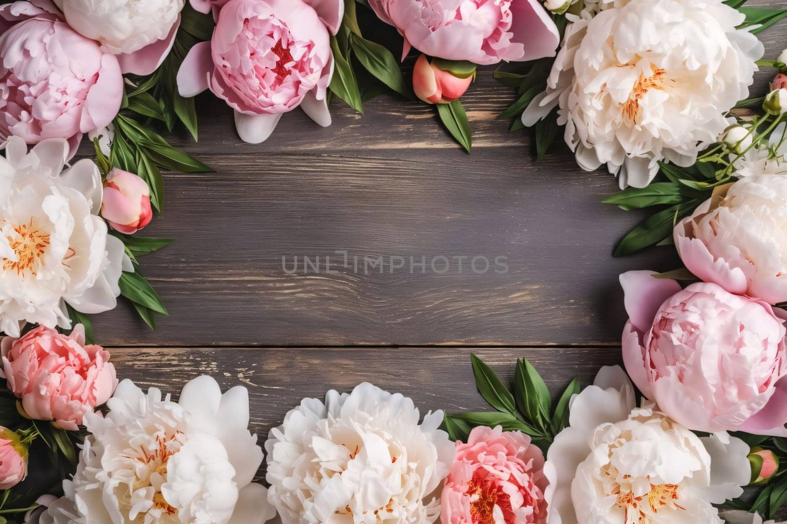Banner: Frame made of beautiful peonies on wooden background, top view. Space for text
