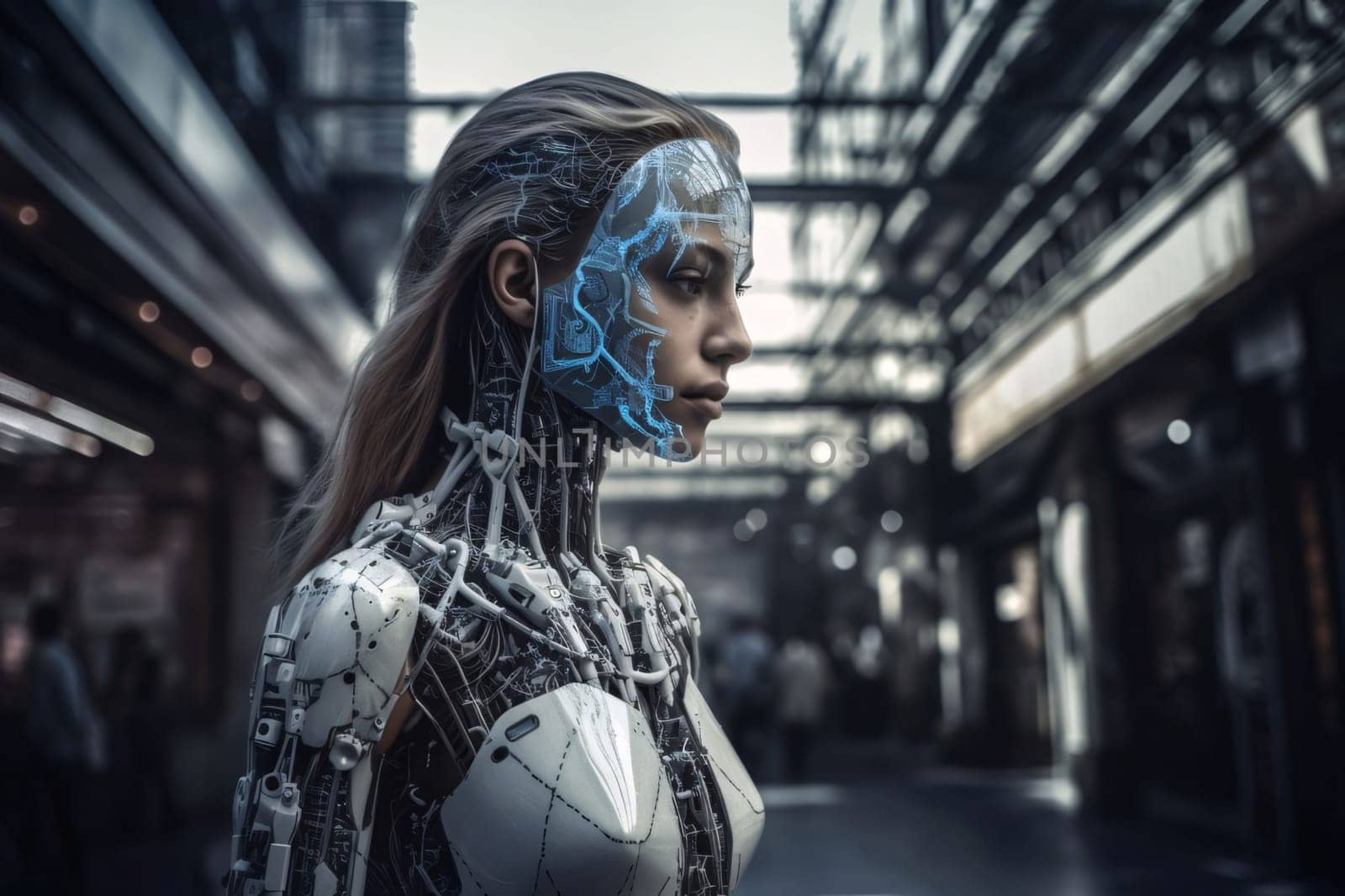 Banner: Side view of a futuristic female robot in a futuristic space station.