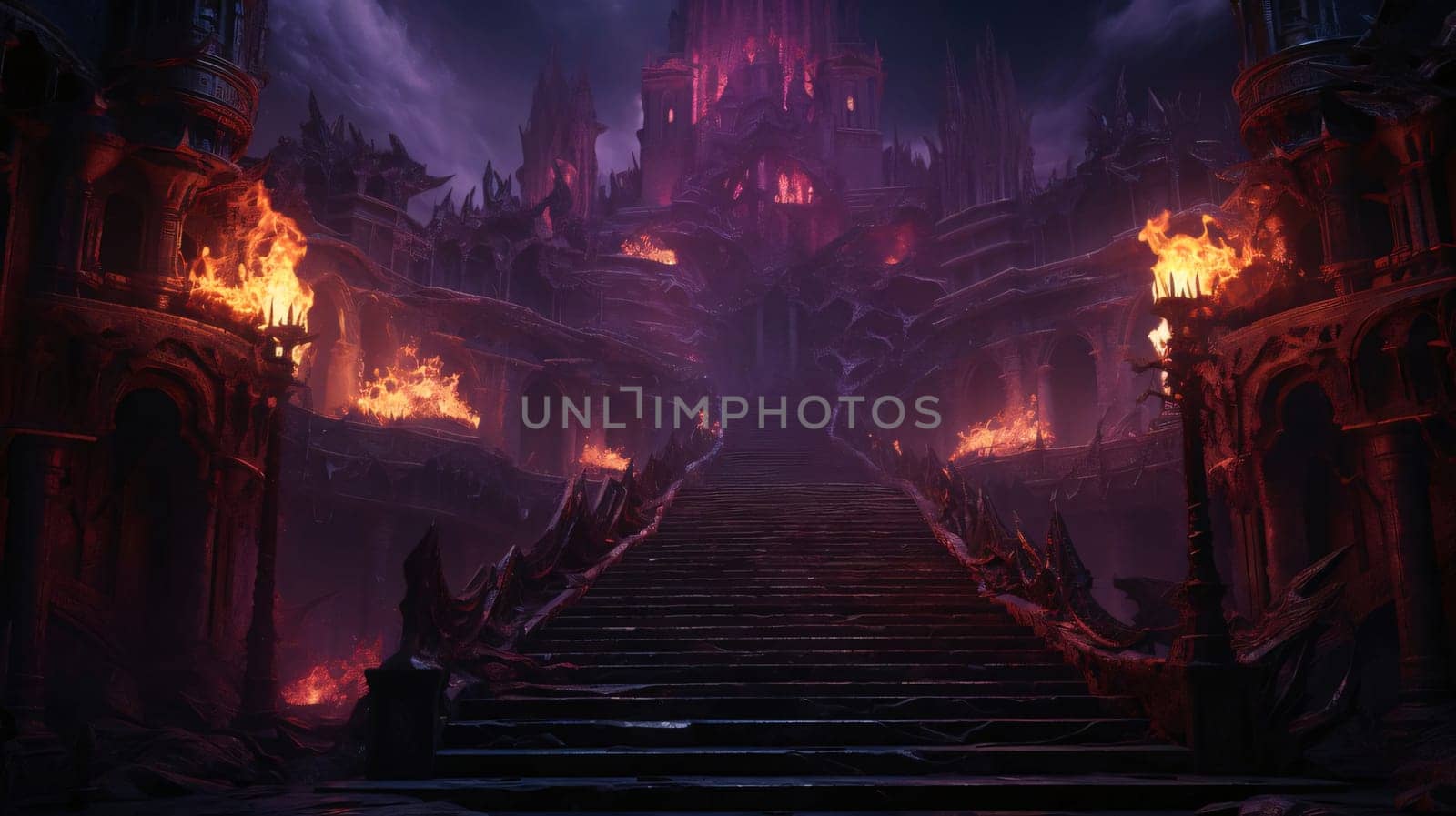 Banner: Fantasy scene with a staircase leading to hell. 3d rendering