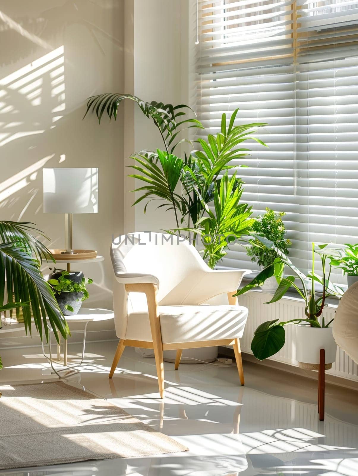 A tranquil reading nook filled with natural light, boasting a comfortable armchair, indoor plants, and sheer window treatments. by sfinks