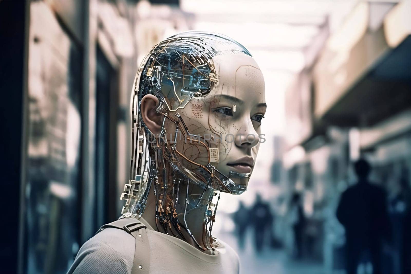 Banner: 3D rendering of a female robot with artificial intelligence head in a shopping mall