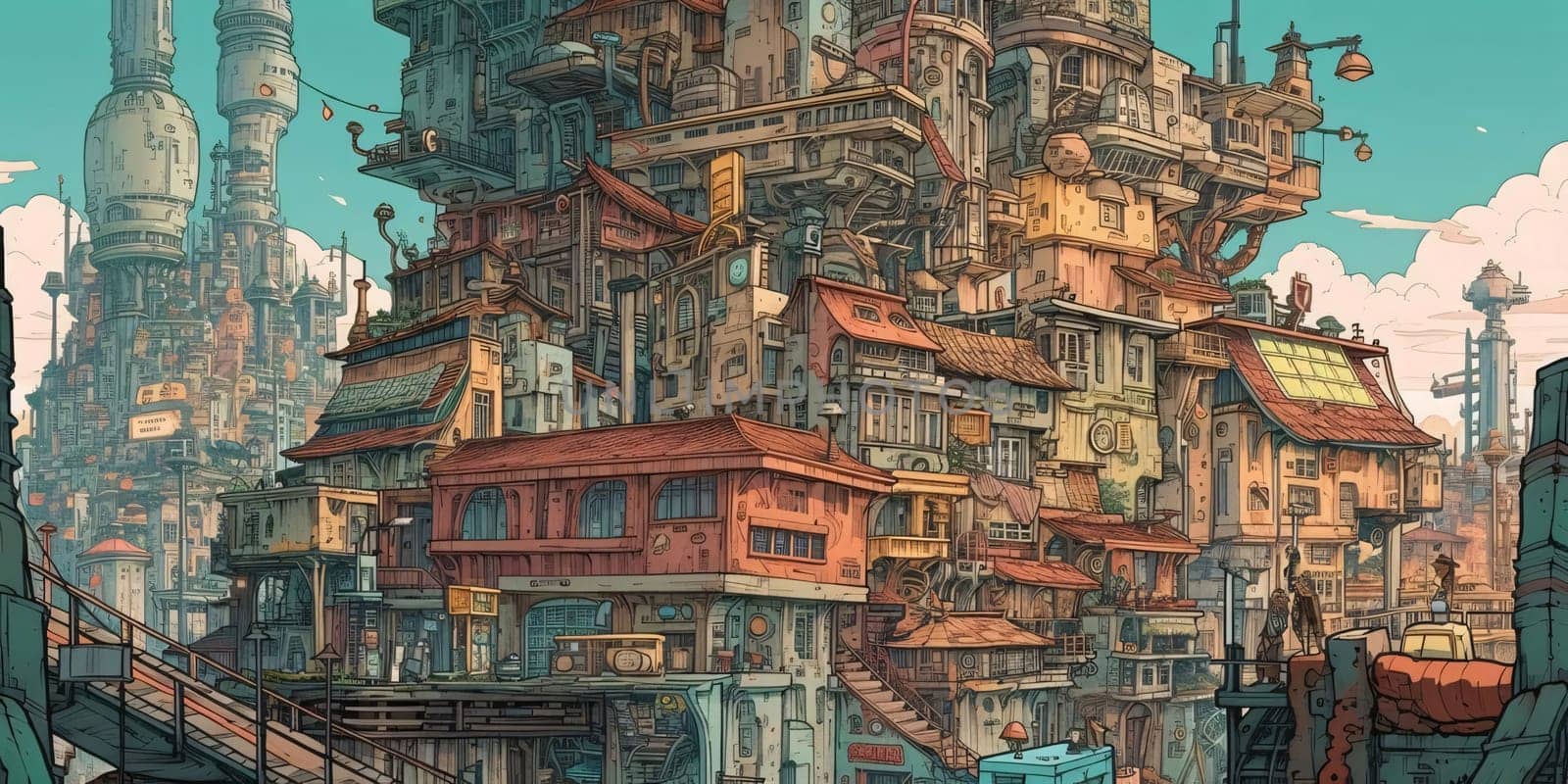 Banner: Fantasy cityscape with old buildings. Digital painting, illustration.