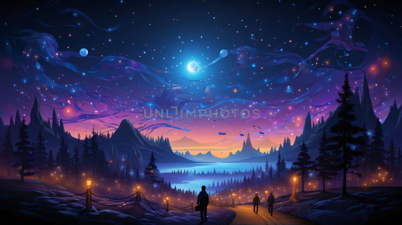 Banner: Fantasy landscape with people in the forest at night. Vector illustration.