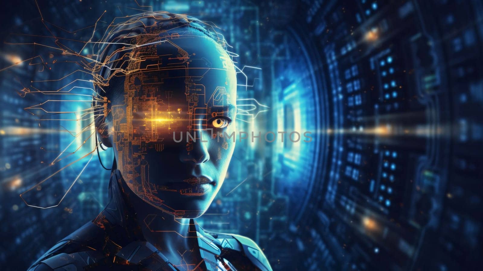 Banner: Cyborg woman cyborg on digital background represent artificial intelligence and machine learning process. 3D rendering