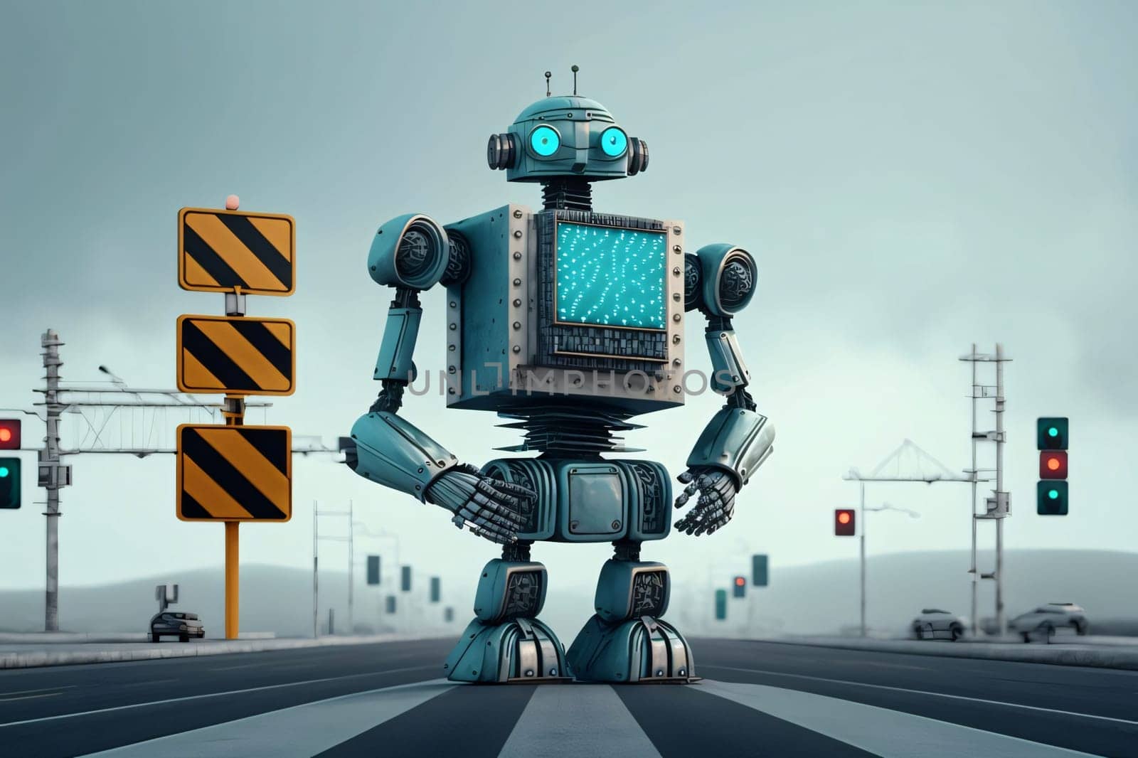 Banner: Futuristic robot on the road. 3d rendering. toned image.