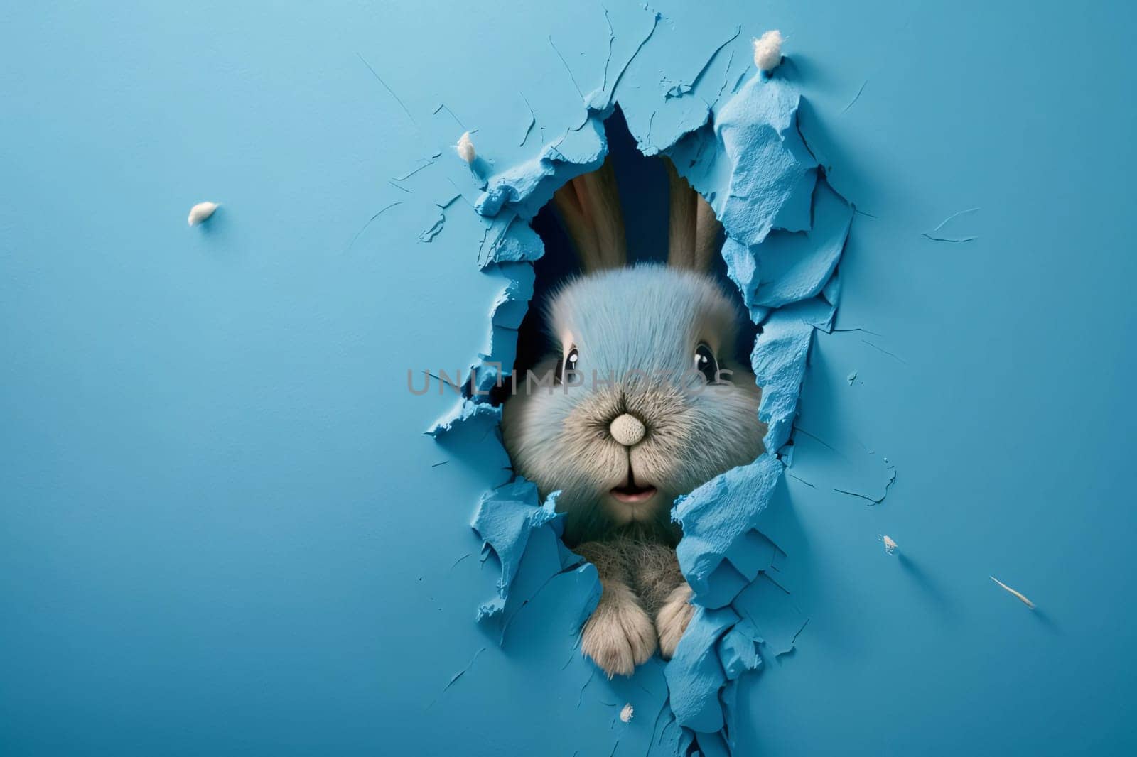 Banner: Cute rabbit peeking through hole in blue paper. Easter concept.