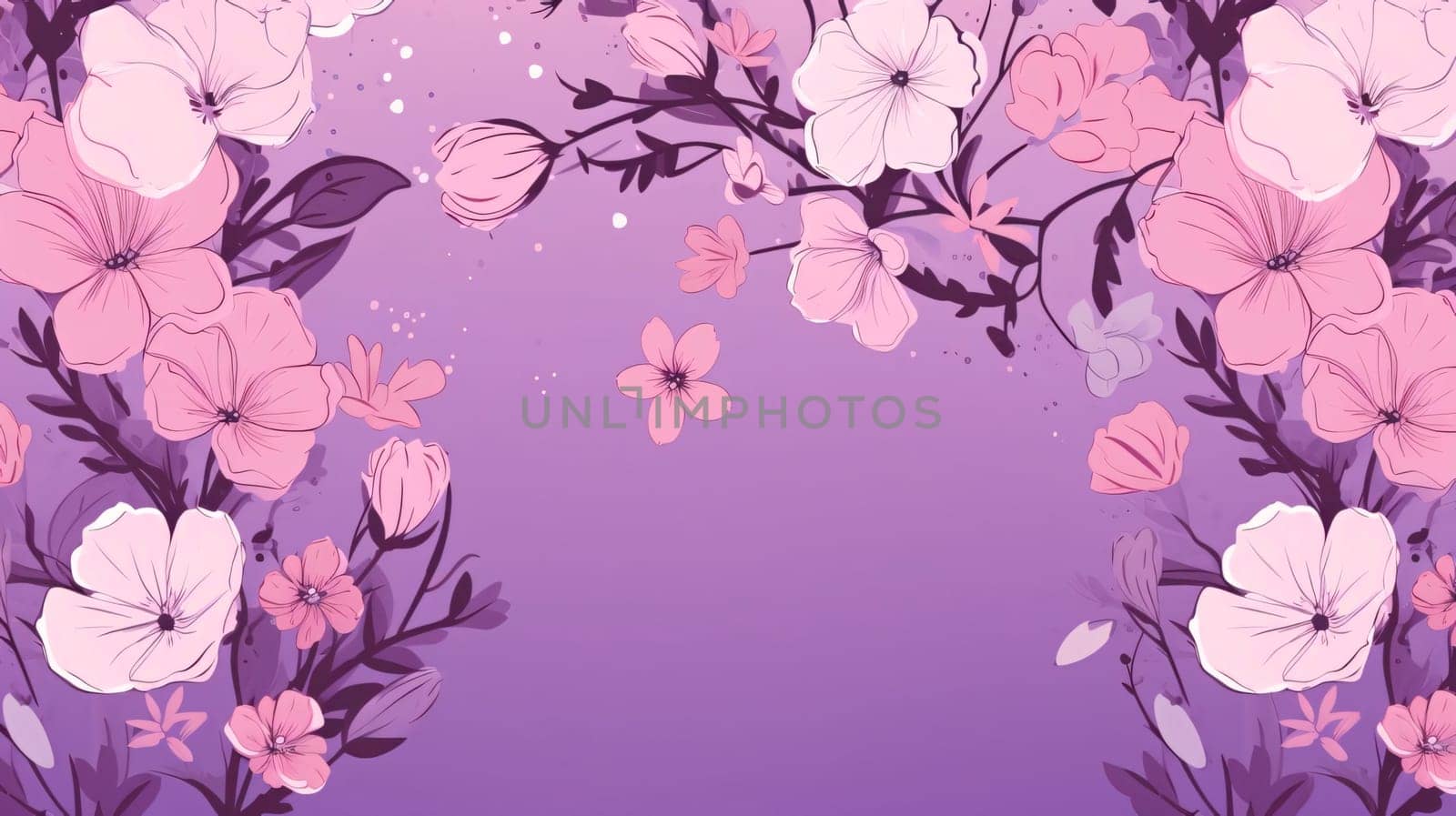 Banner: Floral background with pink flowers and leaves. Vector Illustration.