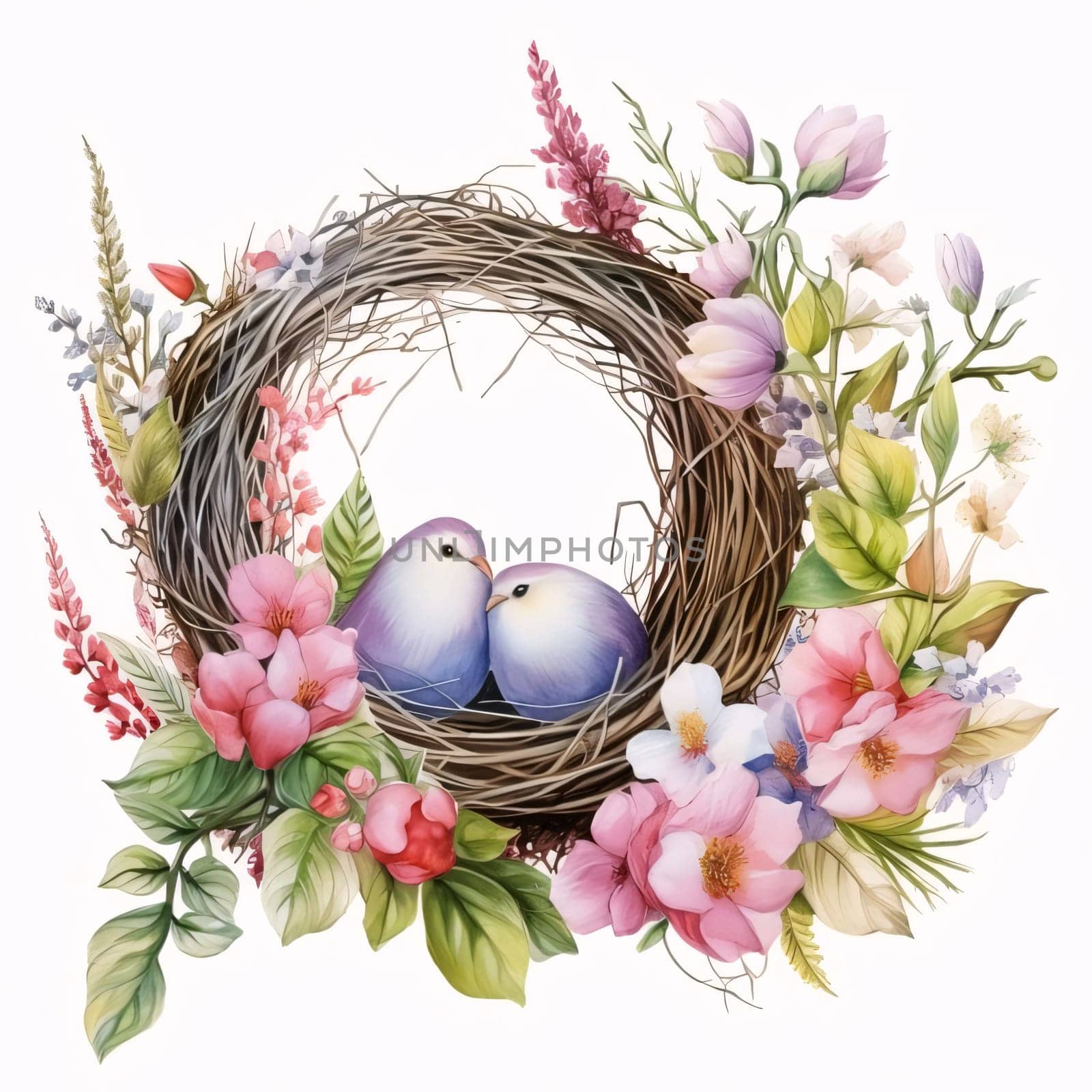 A beautiful illustration of two birds cuddling in a lush wreath, filled with vibrant flowers and greenery.