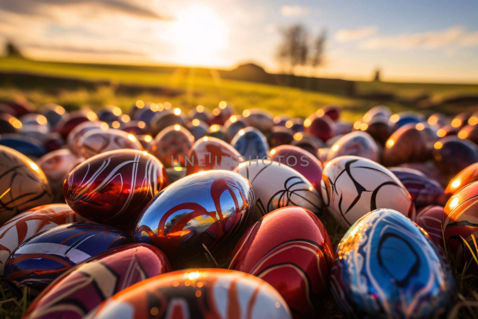 Feasts of the Lord's Resurrection: Colorful easter eggs on a meadow at sunset in Poland