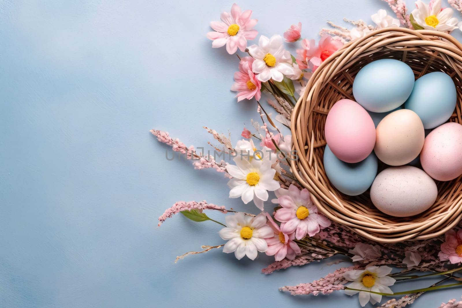 Pastel colored Easter eggs nestled in a wicker basket surrounded by a variety of spring flowers on a blue background.