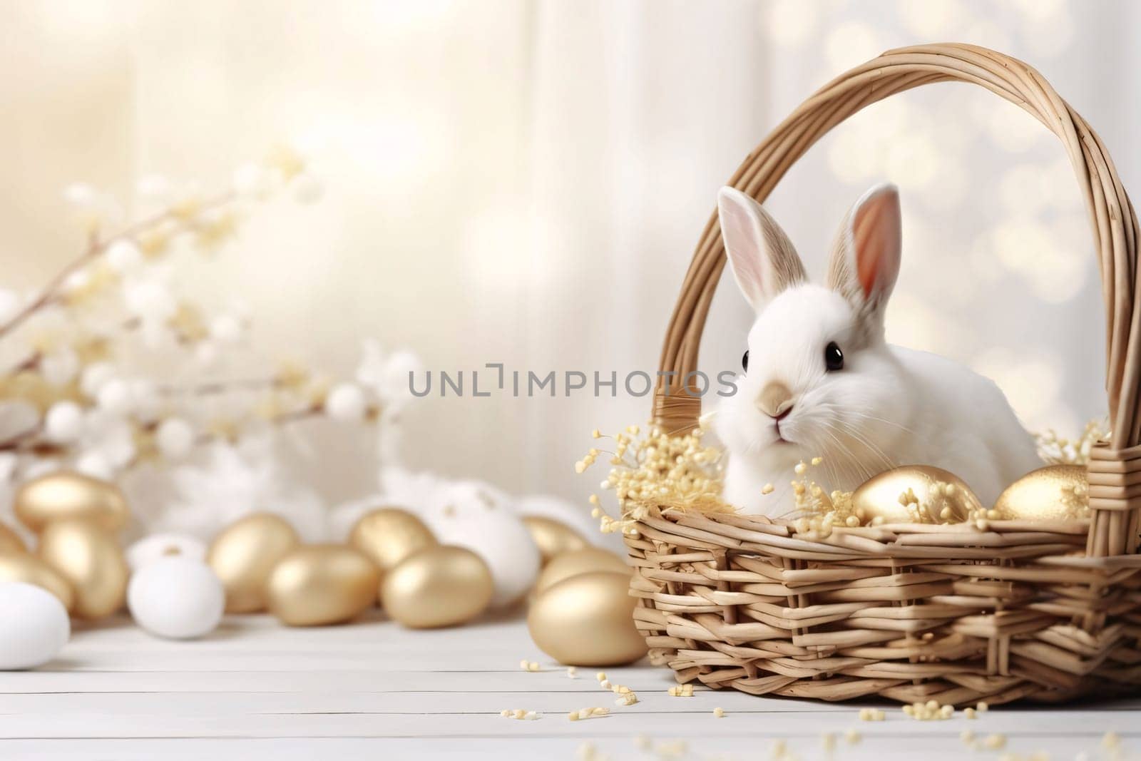 A charming white rabbit nestled in a woven basket with golden Easter eggs and soft springtime blossoms backdrop.