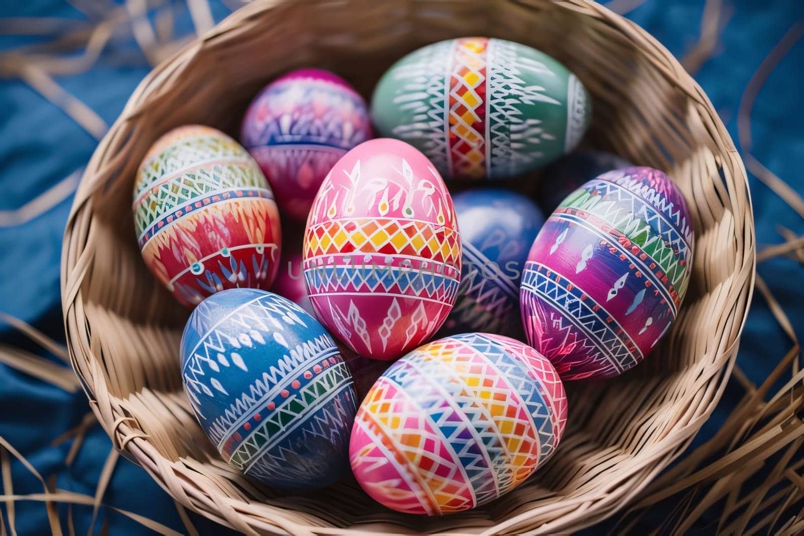 Feasts of the Lord's Resurrection: Colorful painted easter eggs in a basket on a blue background