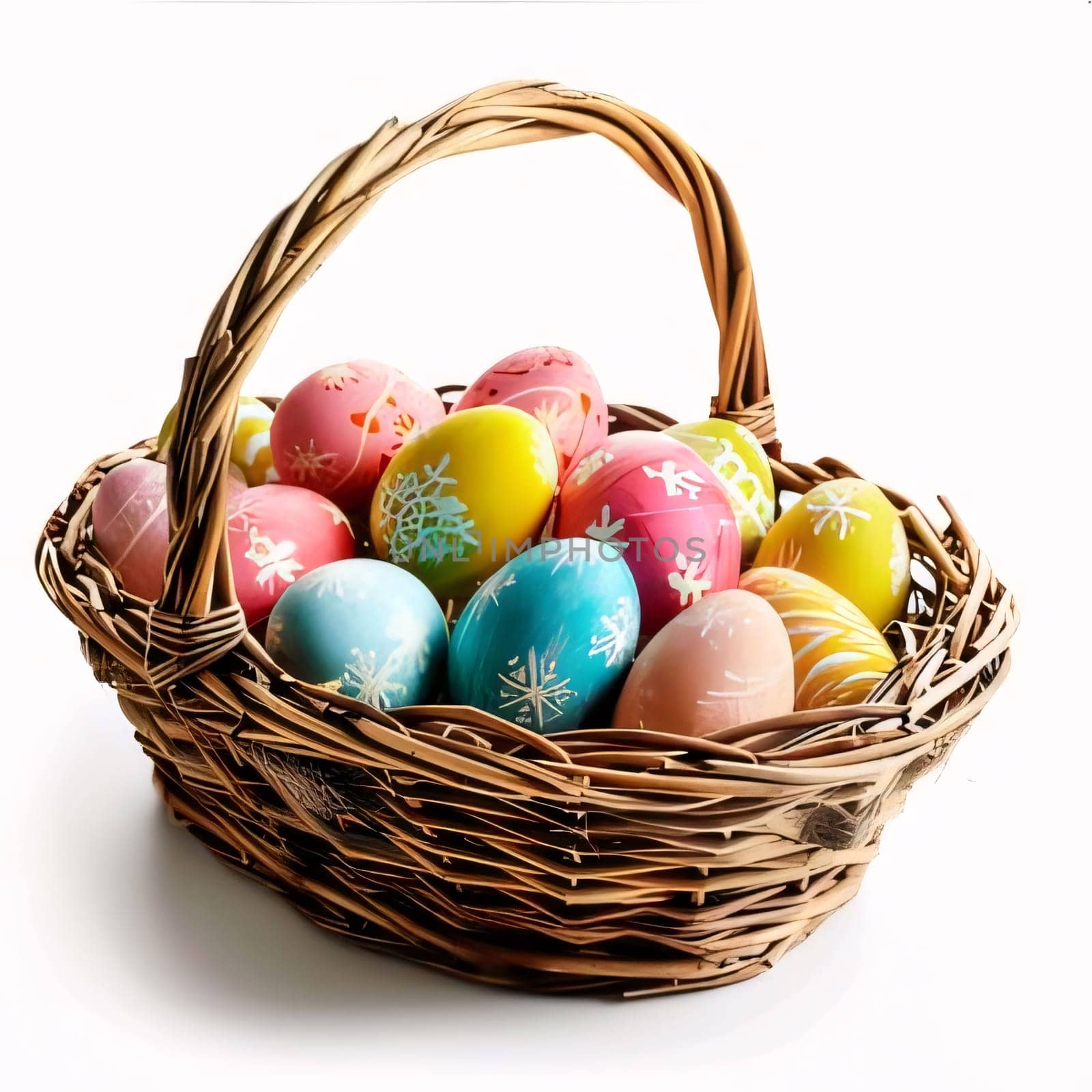 Feasts of the Lord's Resurrection: Colorful easter eggs in a basket isolated on white background.
