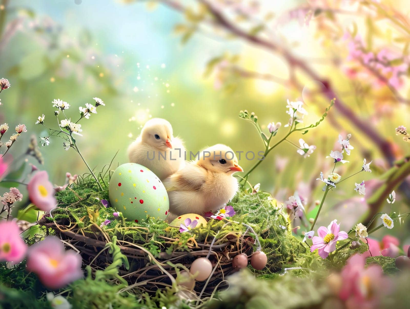 Feasts of the Lord's Resurrection: Easter composition with yellow chickens and easter eggs on nature background
