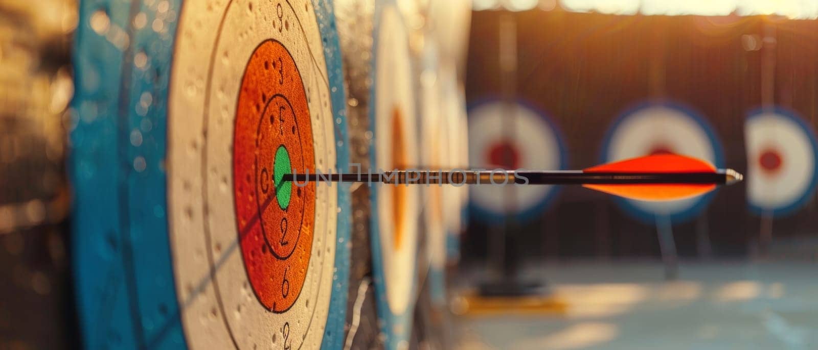 A close-up view of a dart hitting the bullseye on a traditional dartboard, with a warm sunset glow in the background