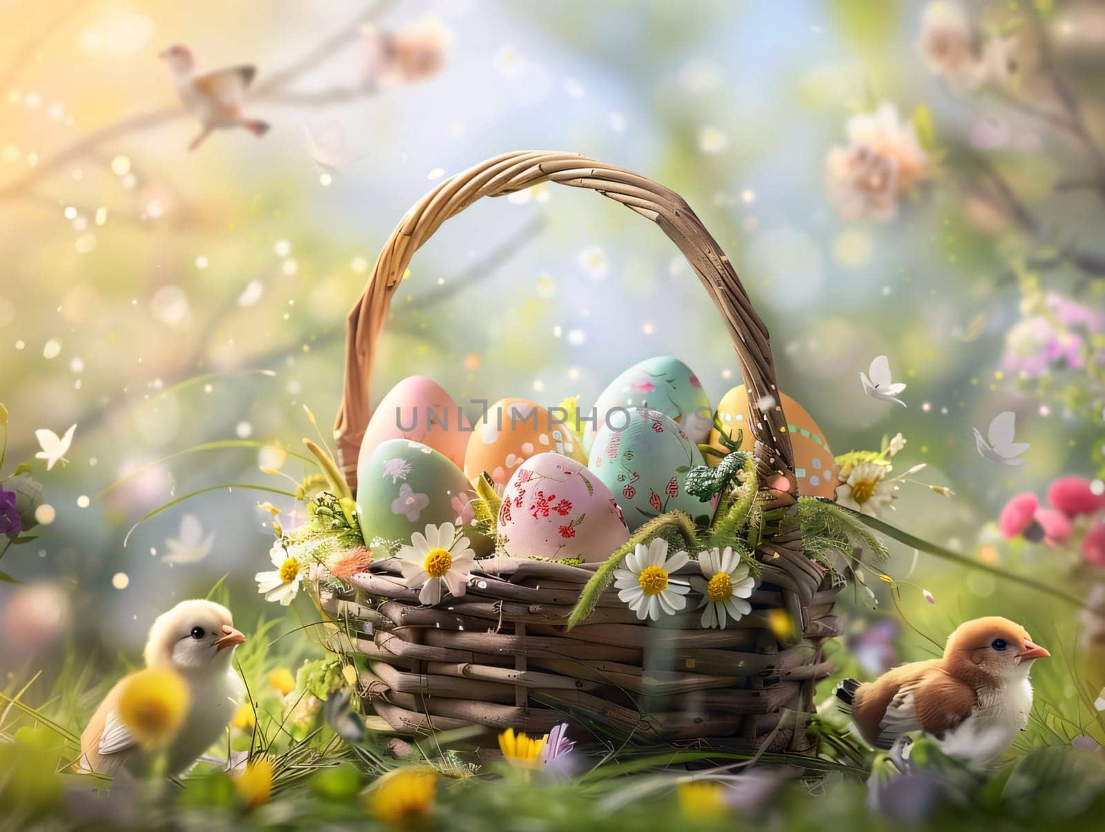 Feasts of the Lord's Resurrection: Easter basket with easter eggs and chickens on spring nature background