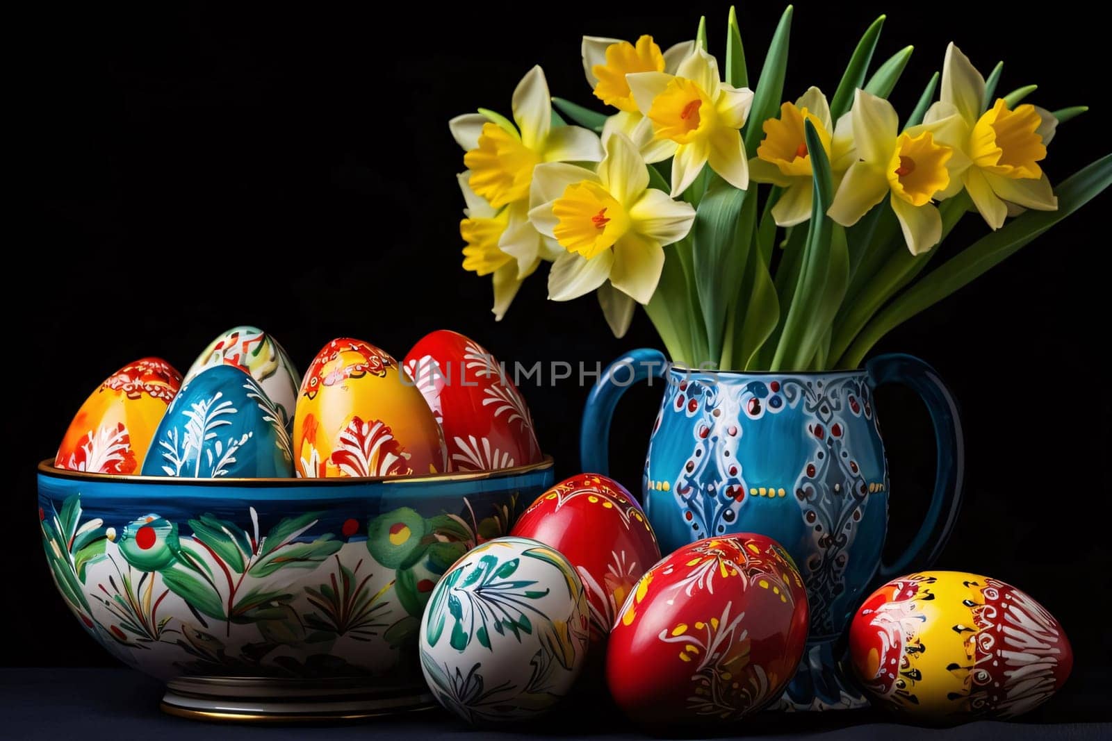 Feasts of the Lord's Resurrection: Easter eggs and daffodils on a black background.