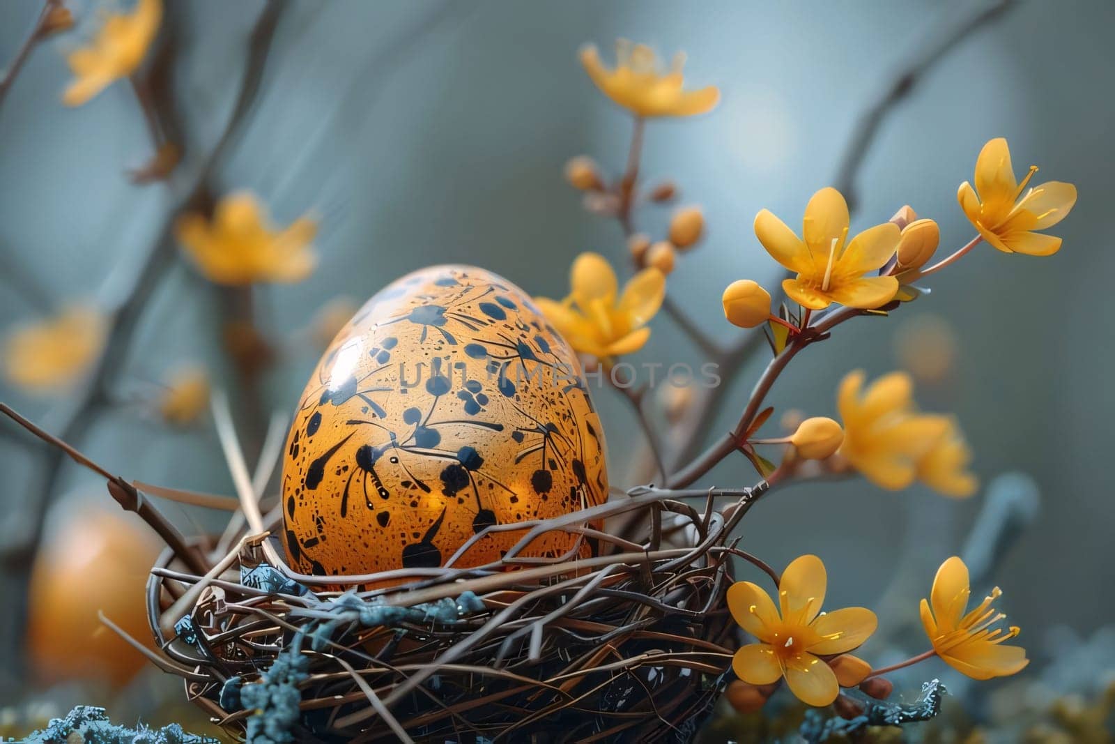 Feasts of the Lord's Resurrection: Easter egg in a nest with yellow flowers on a blurred background