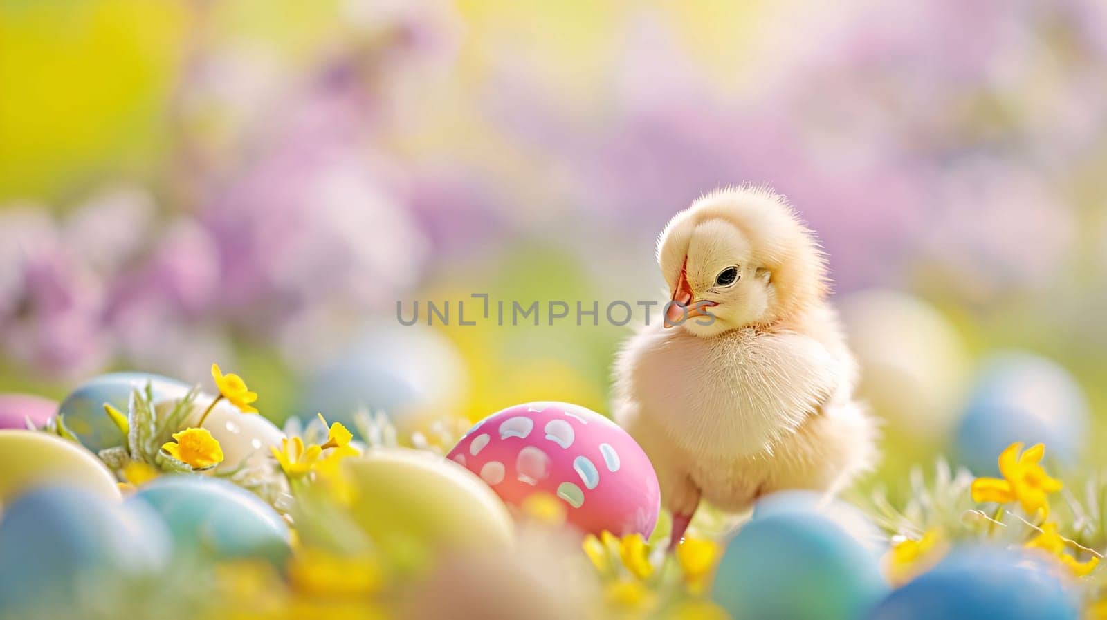Feasts of the Lord's Resurrection: Cute little chicken and easter eggs on green grass with flowers