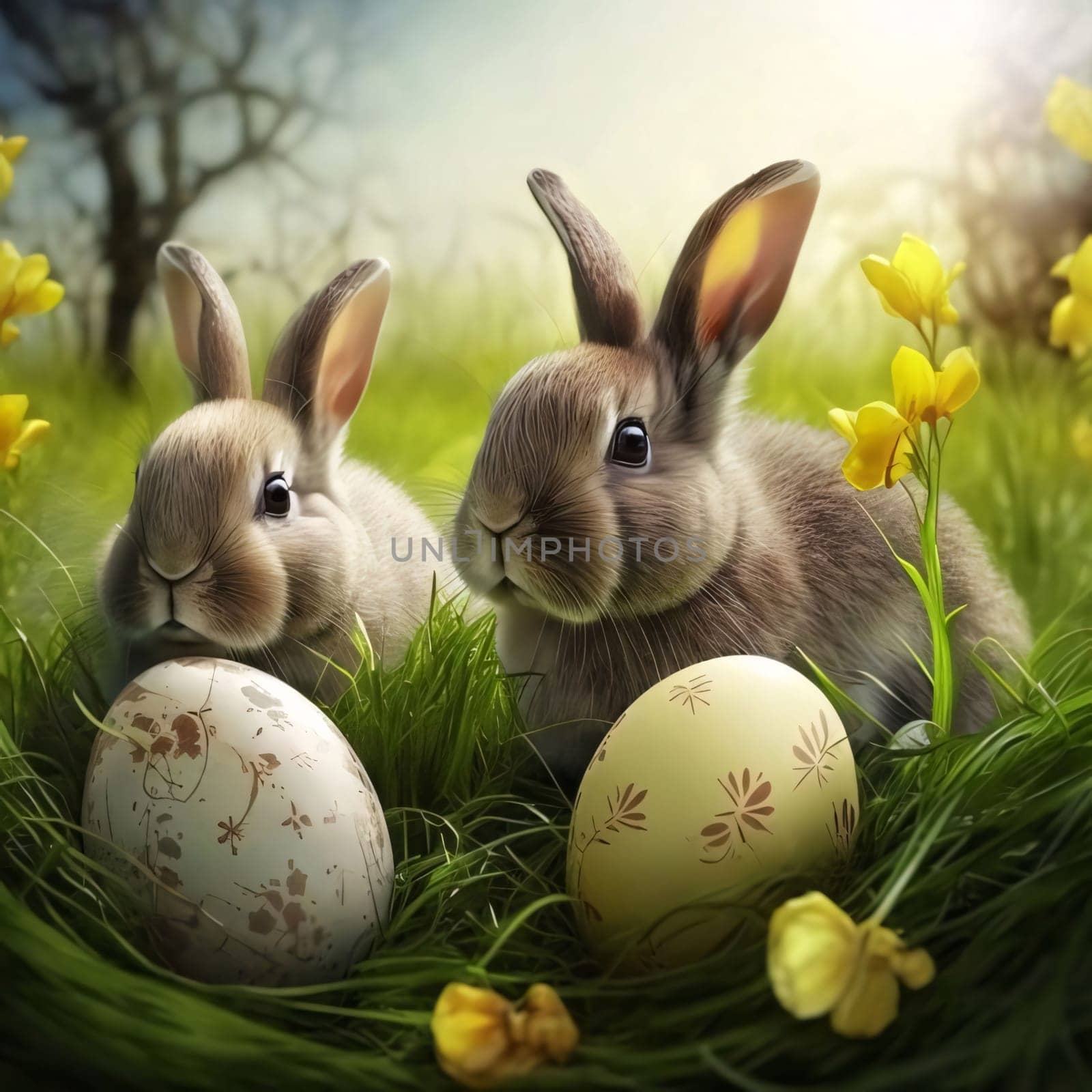 Feasts of the Lord's Resurrection: Easter bunnies with eggs on green grass and yellow flowers
