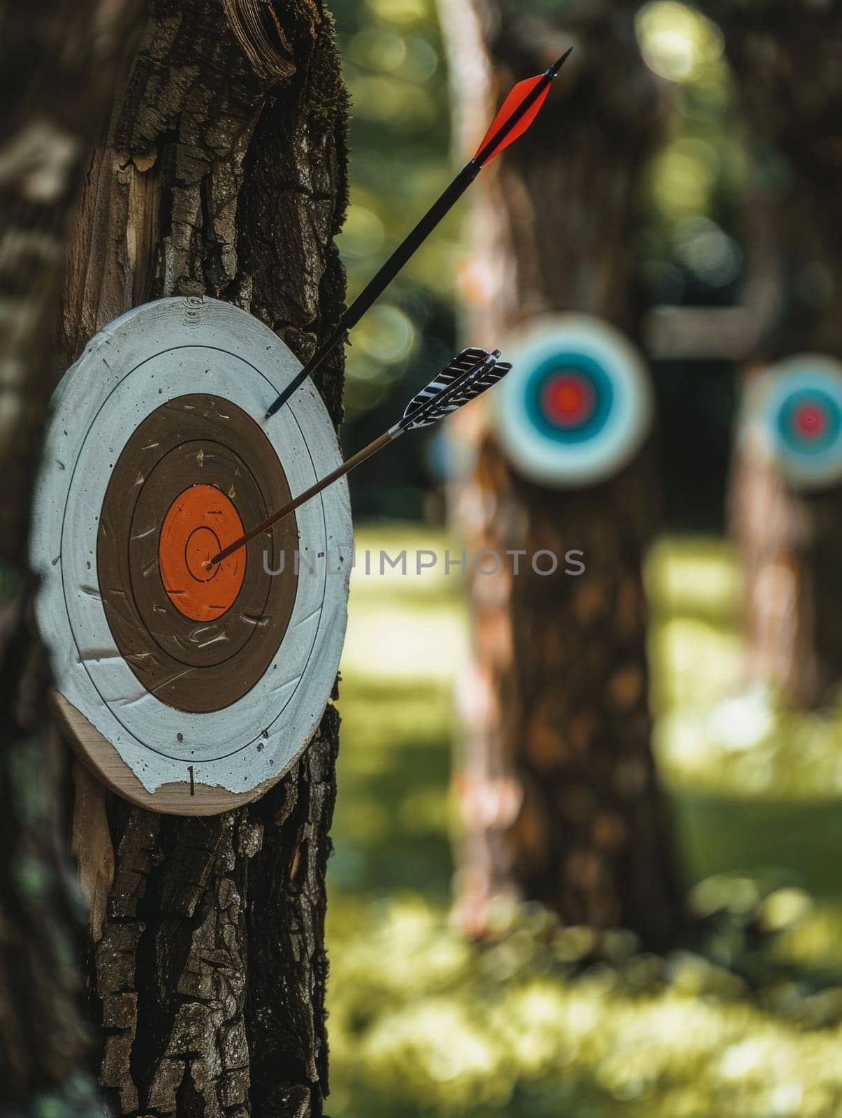 A weathered archery target is affixed to the trunk of a tree in a lush, verdant forest. A red-tipped arrow is embedded in the target, suggesting an accurate shot