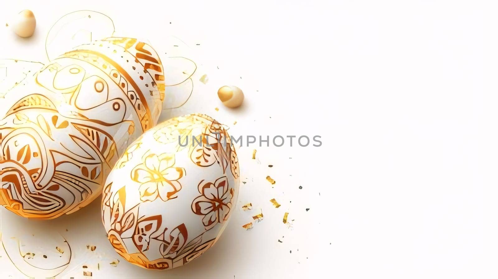 Feasts of the Lord's Resurrection: Easter eggs with golden ornaments on a white background.