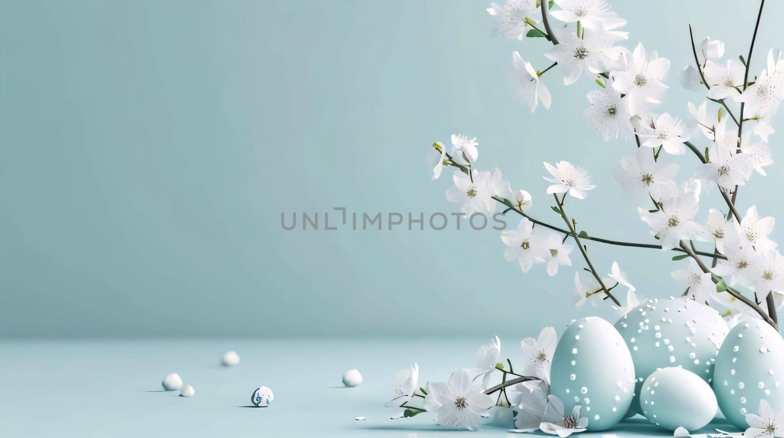 Feasts of the Lord's Resurrection: Easter eggs and spring blossom on pastel blue background with copy space