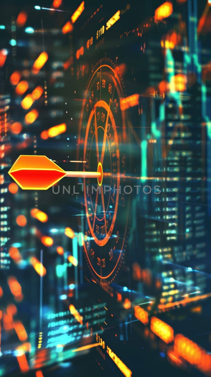 A glowing dart centrally aligns with a digital target on a backdrop of illuminated data streams, highlighting targeted business strategies. by sfinks