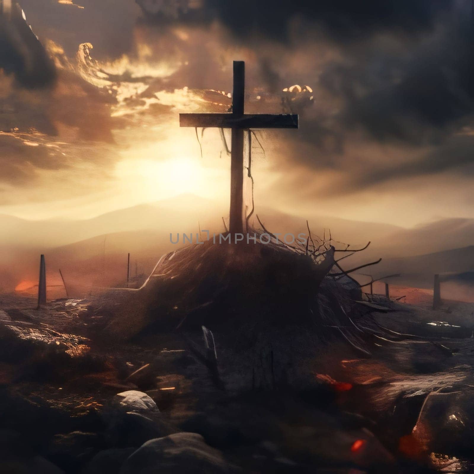 Feasts of the Lord's Resurrection: Crucifix in the mountains at sunset. 3d illustration.