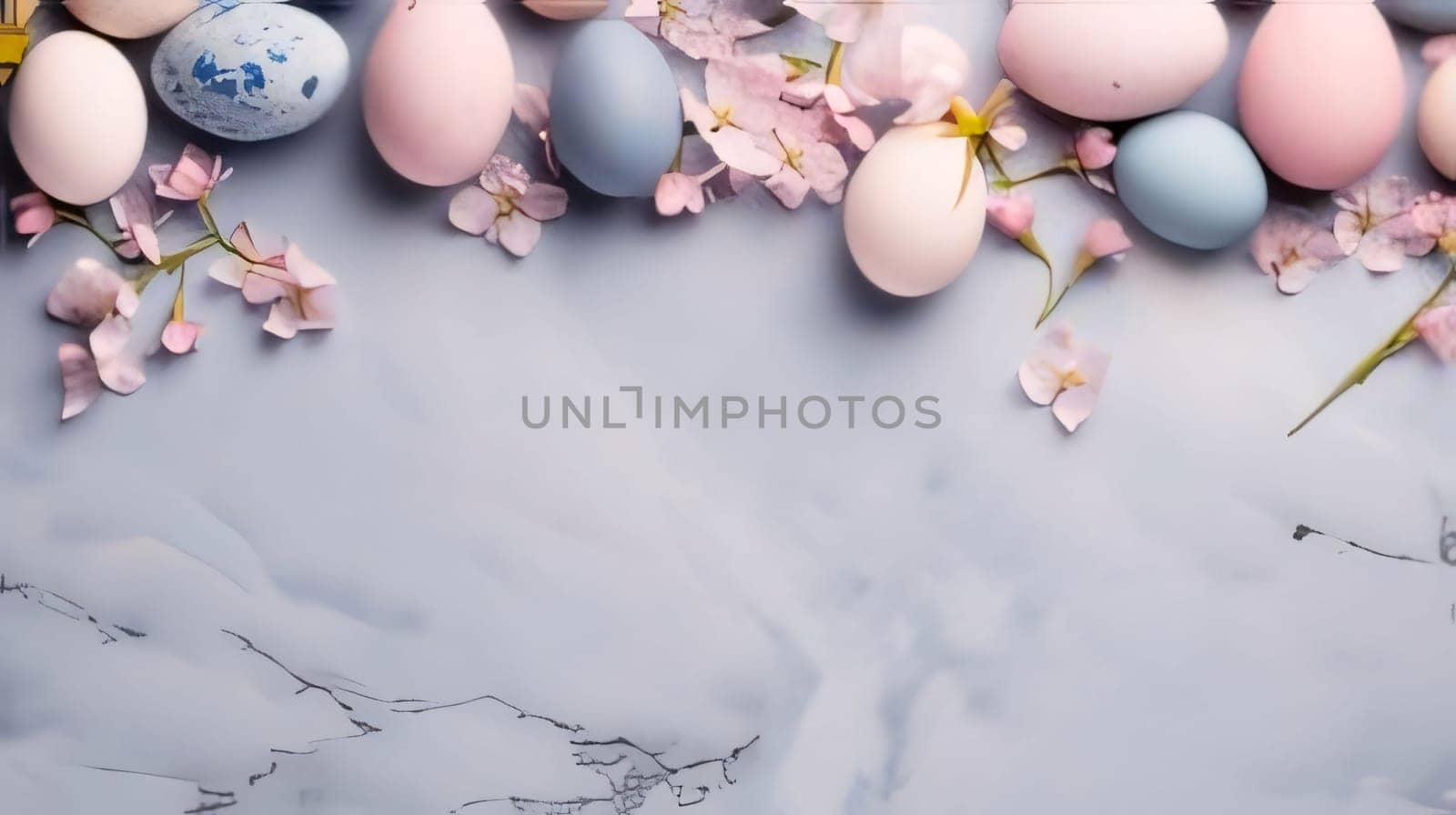 Feasts of the Lord's Resurrection: Easter eggs and spring Flowers background. Happy Easter concept