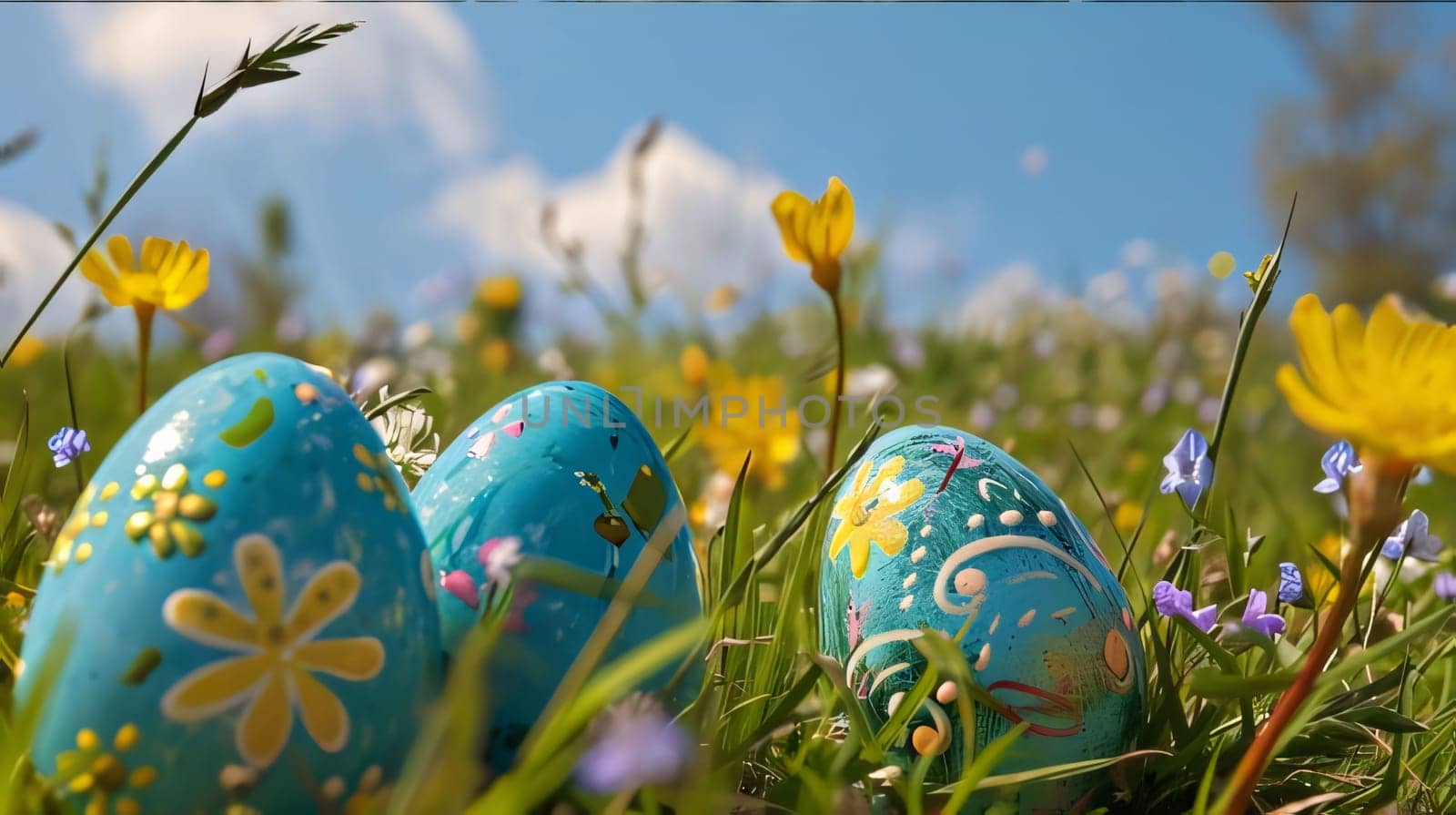 Feasts of the Lord's Resurrection: Easter eggs in the meadow with spring flowers and blue sky