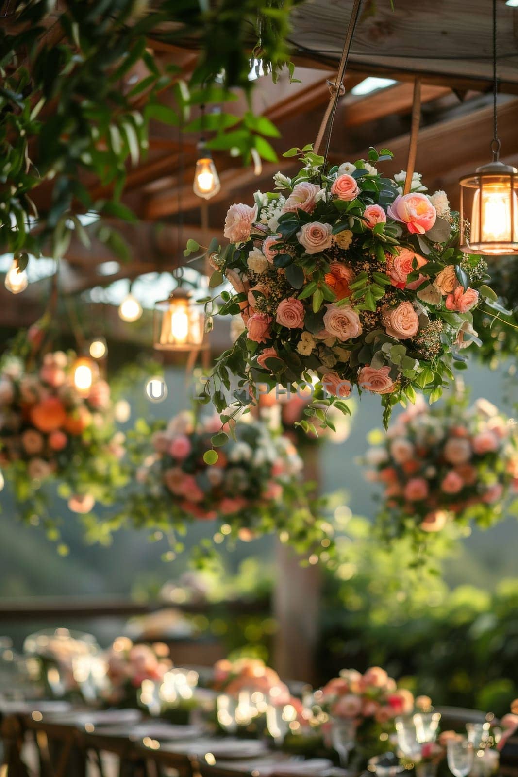 A table with a floral centerpiece and a bunch of lights hanging from the ceiling. Scene is warm and inviting