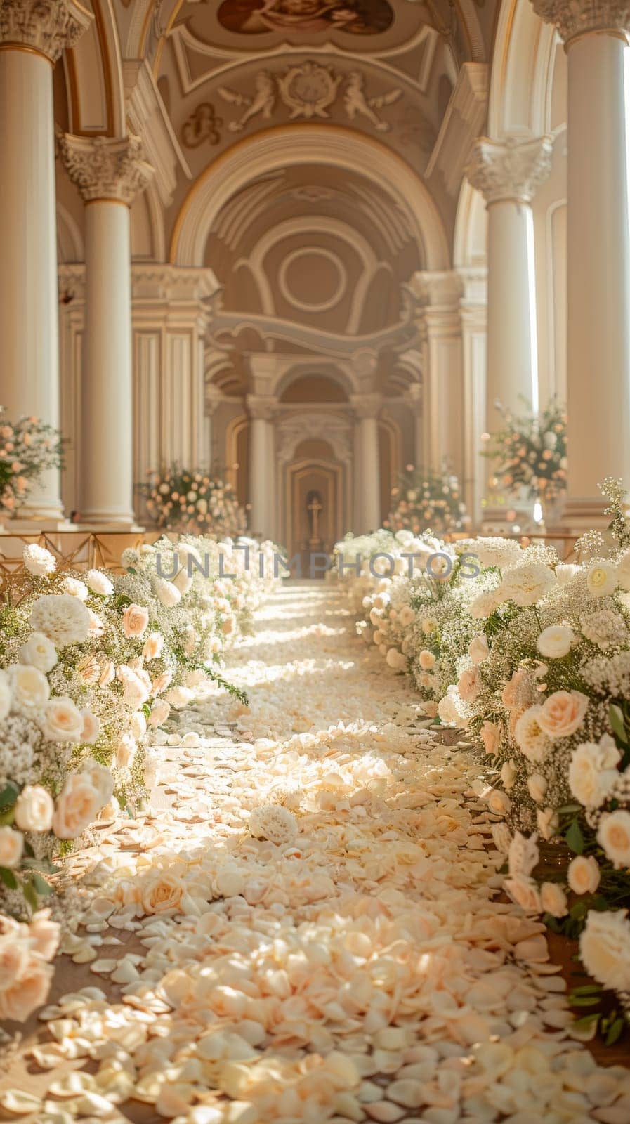 A long, narrow room with white flowers and white petals on the floor. The flowers are arranged in a way that they look like they are falling from the ceiling. The room has a very elegant
