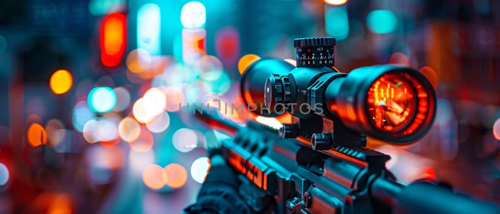 A tactical rifle scope's lens reflects the kaleidoscope of night lights, showcasing a blend of technology and urban beauty. by sfinks