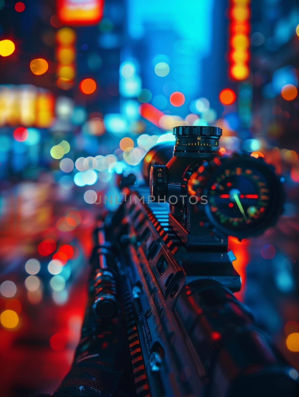 A close-up view of a tactical firearm's digital interface, encased in a striking neon-colored frame against a blurred, electrified city backdrop