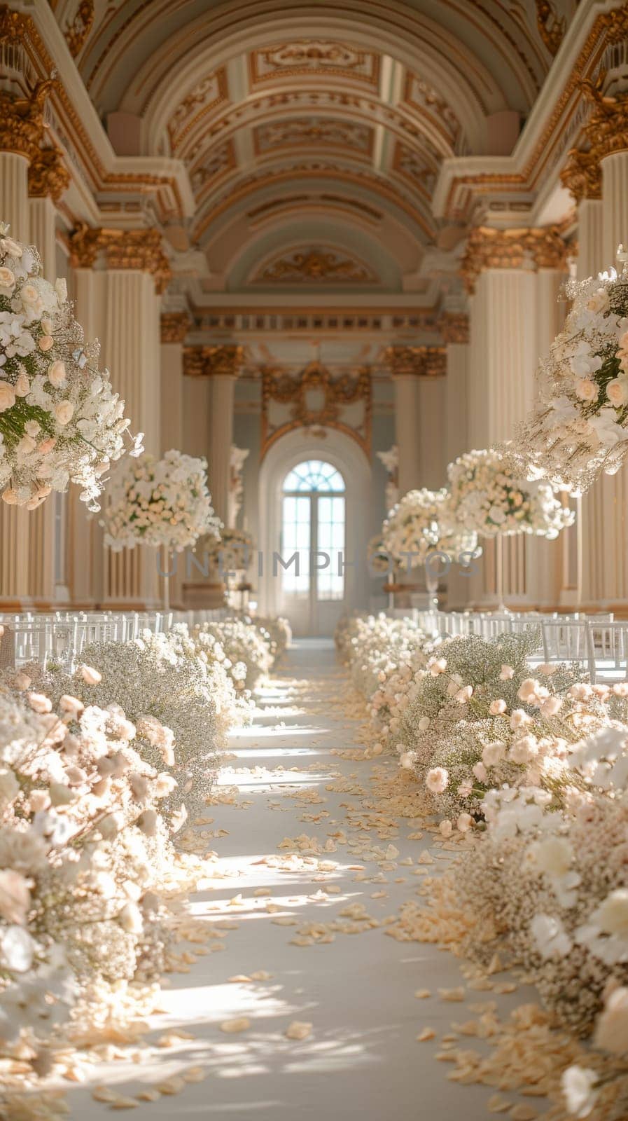 A long, narrow room with white flowers and white chairs. The flowers are arranged in a way that they are scattered throughout the room, creating a sense of movement and flow