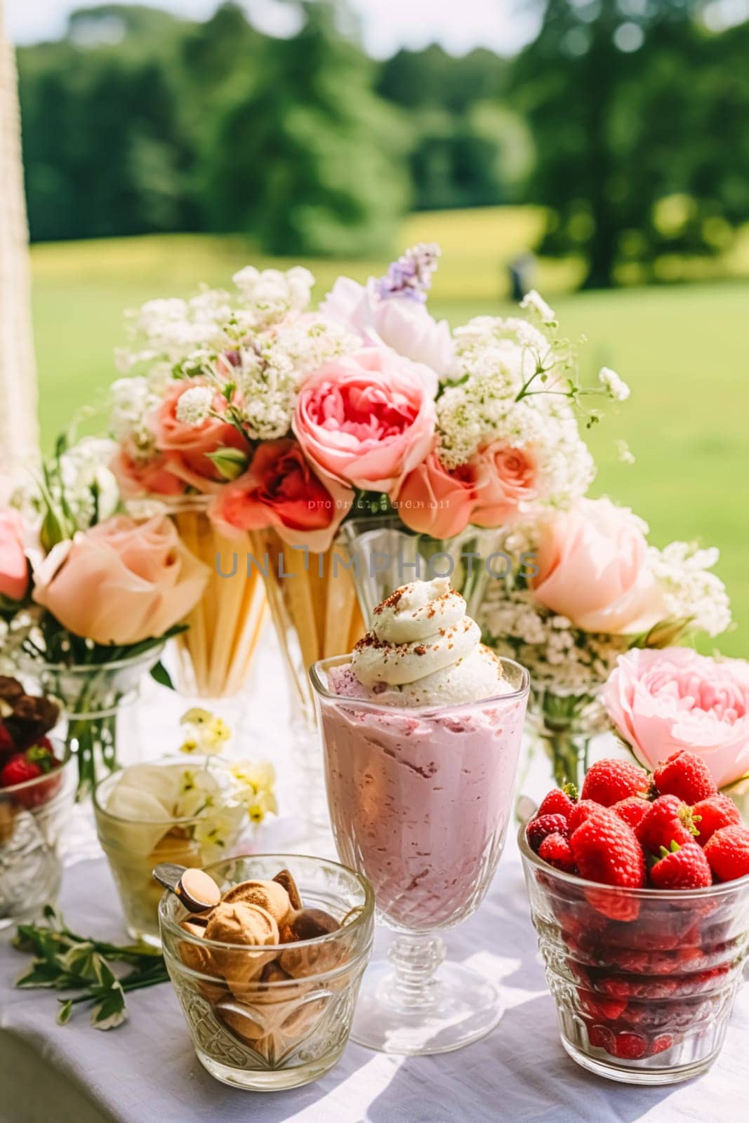 Ice cream desserts buffet table, event food catering for wedding, party and holiday celebration, ice creams and flowers decor in a floral countryside garden, generative ai by Anneleven