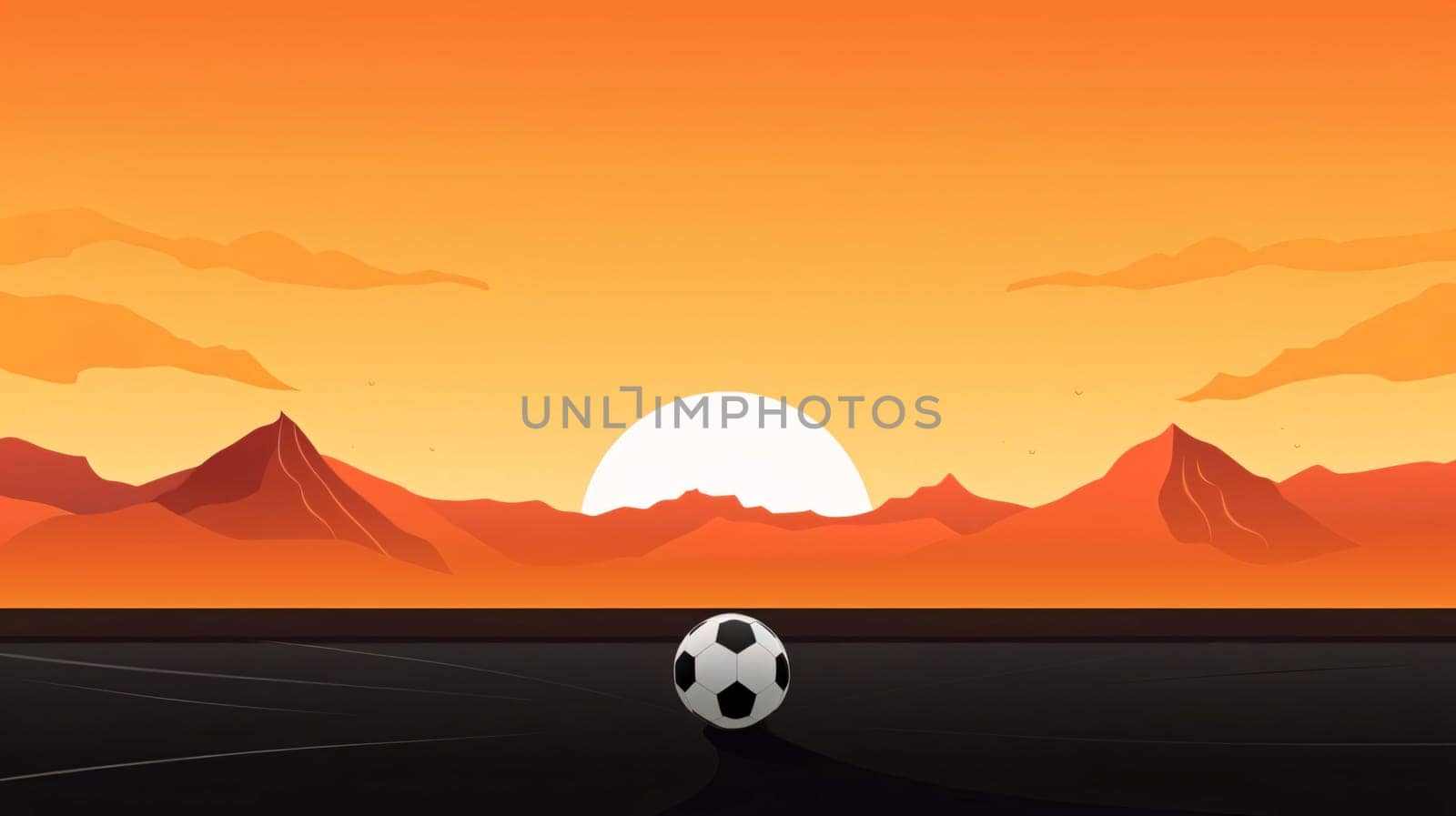Banner: Soccer ball on the field at sunset background. Vector illustration.