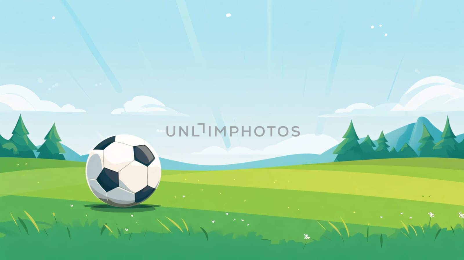 Soccer ball on green field. Vector illustration in cartoon style. by ThemesS