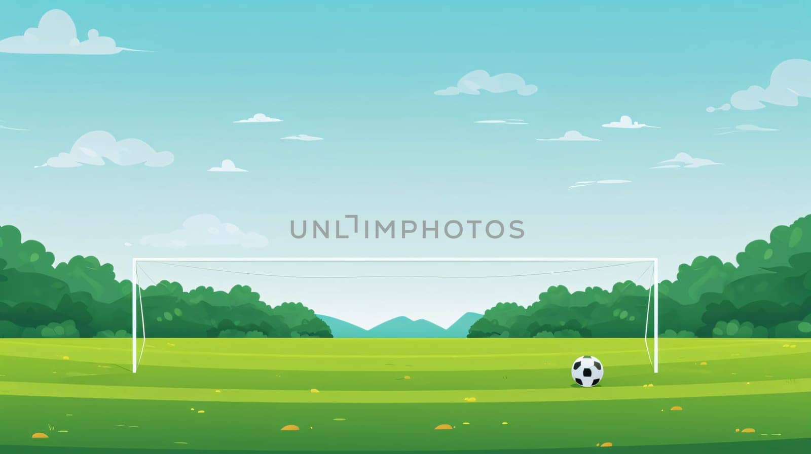 Banner: Soccer field with green grass and blue sky. Vector illustration.