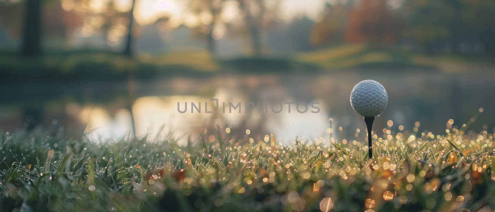 A golf ball on a tee glistens with morning dew as the first light of dawn paints a serene golf course landscape