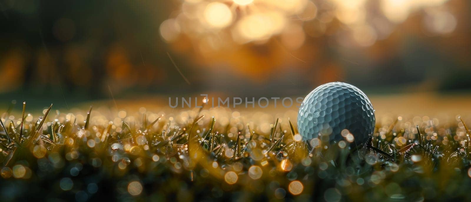 Golden sunlight envelops a golf ball on a tee, set against the soft focus background of a tranquil golf course at sunrise