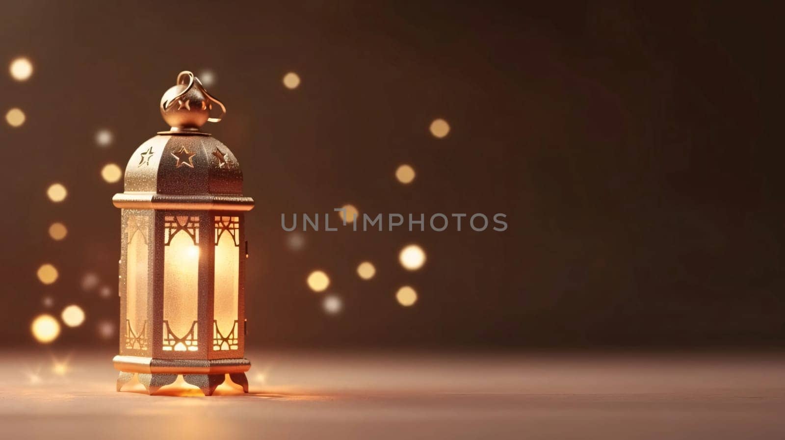 Banner: Lantern with bokeh lights. Ramadan Kareem background