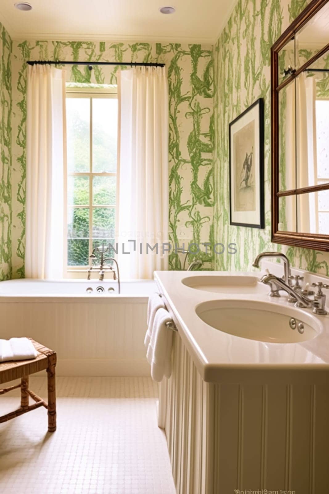 Classic bathroom decor, interior design and home improvement, bathtub and bathroom furniture, English country house and cottage style, post-processed, generative ai