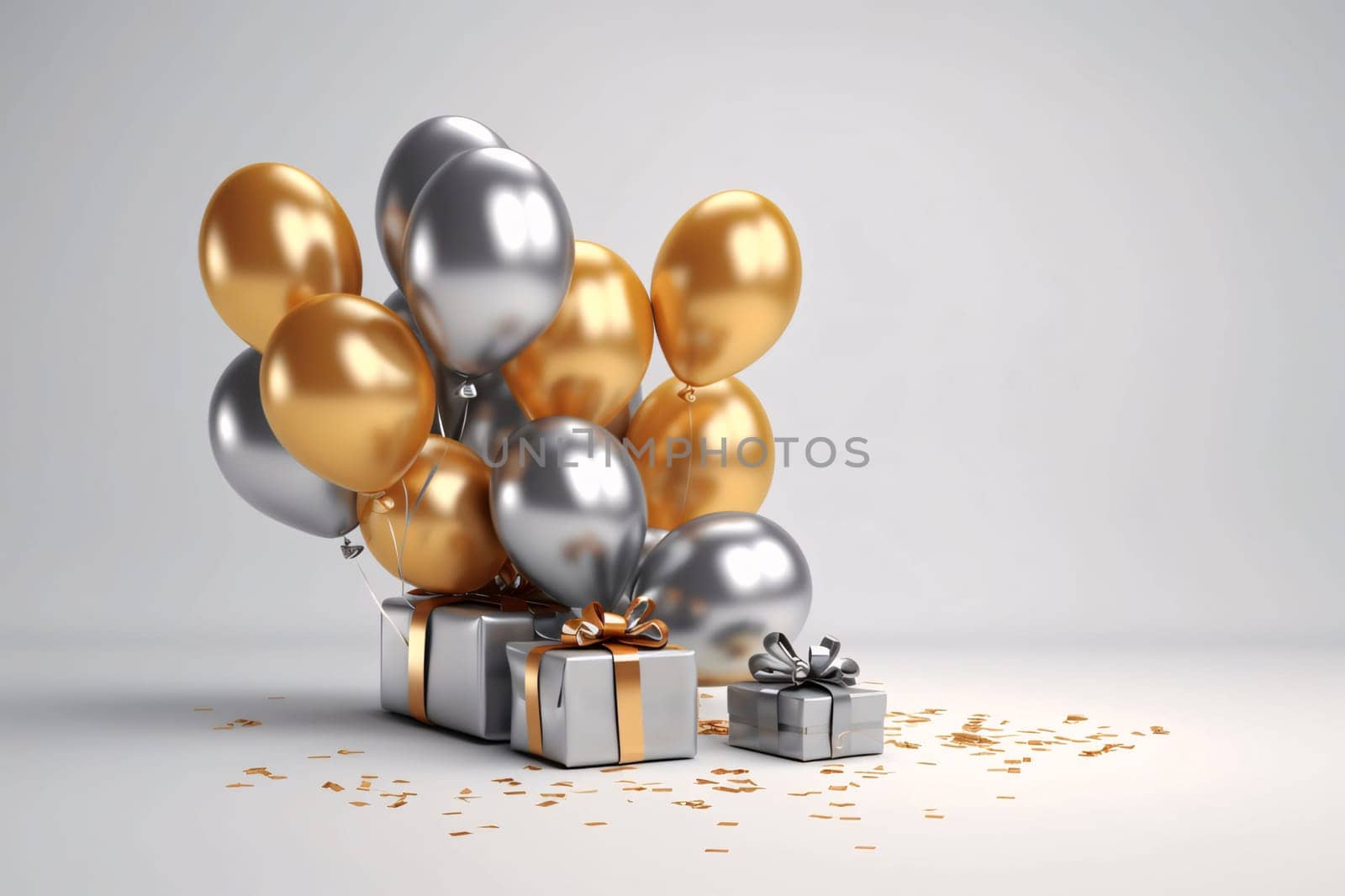 Banner: Gift box with golden and silver balloons. 3D rendering.