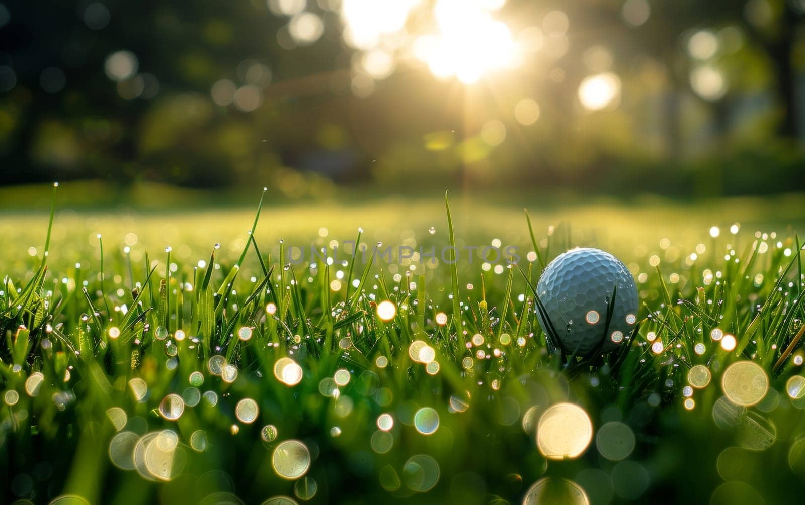 A golf ball sits atop a bed of lush, dewy grass, surrounded by sparkling droplets and sun-dappled foliage in a serene outdoor scene