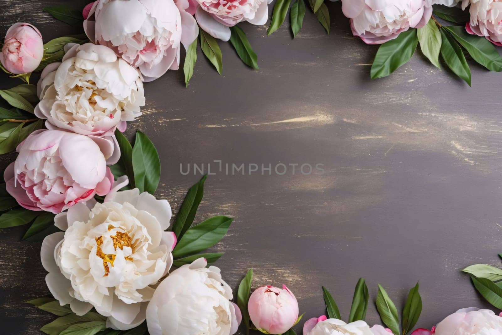 Banner: Beautiful peony flowers on wooden background, flat lay. Space for text