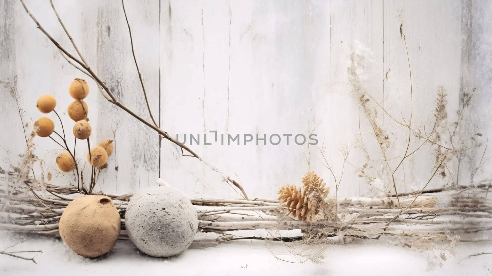 Still life with dry branches, cones and cotton ball on wooden background by ThemesS